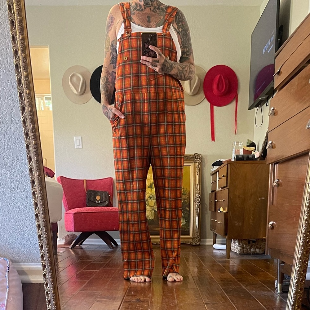 Unique and rare 60’s orange plaid polyester overalls